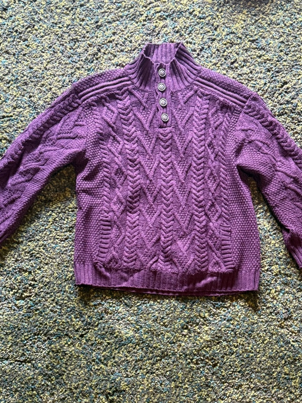 Aran Sweater Market Fisherman Buttoned Turtleneck Purple 100% Merino Wool